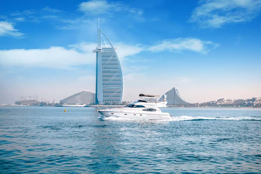 Dubai Yacht Tour - Boat Trip upto 12 guests Private event - Burj Al Arab and sunset: beautiful timing, clear limits on swimming