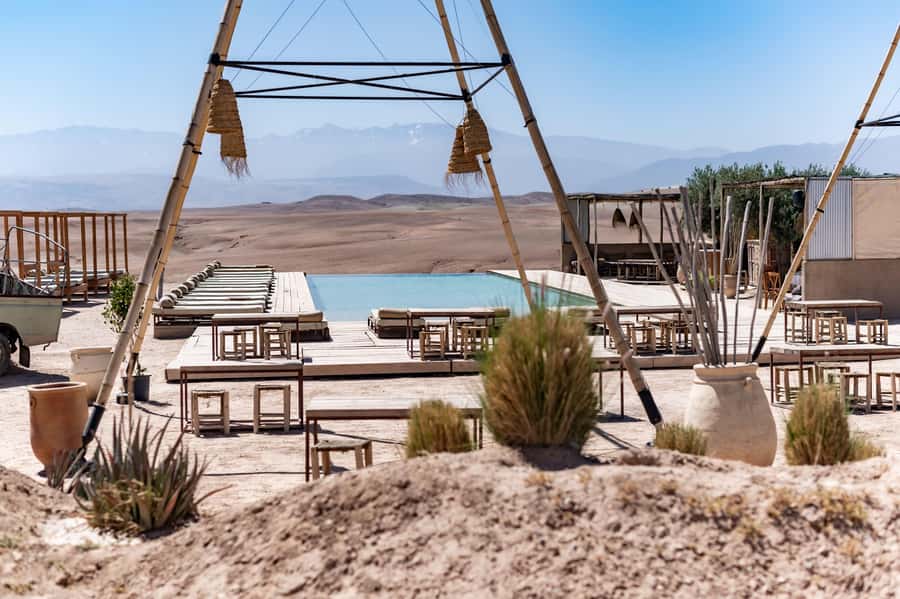 Marrakech: Agafay Desert Inara Camp Pool Day Pass with Lunch - First, where you go: Les Terrasses d’Agafay and Inara Camp